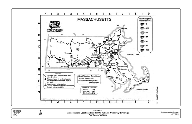 This figure is a map of Massachusetts from a guide used by truck drivers to find truck service locations on long-distance trips.